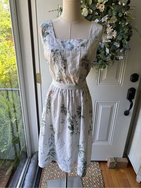 Sleeveless 100% Linen White Floral Midi Dress with Square Neckline